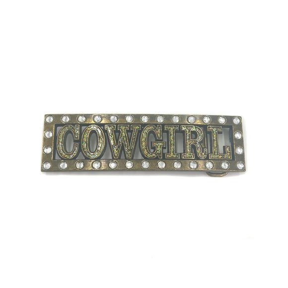 COWGIRL Spellout Brass Tone Rhinestone & Glitter Rodeo Belt Buckle Vintage - Picture 3 of 4